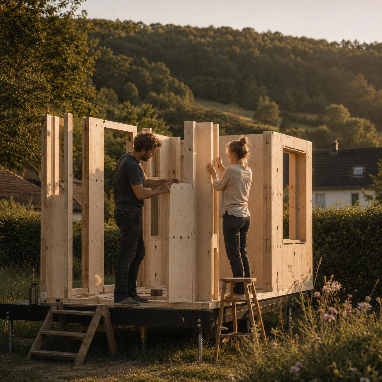 Gartenzimmer wird von Hand aufgebaut Gemischtes Team baut ein Gartenzimmer aus Holz von Hand auf und fügt einzelne Sperrholz-Module nacheinander zu einem Rahmen zusammen, ohne Kran oder Maschinen, in einem Garten am Rand eines Buchenwalds