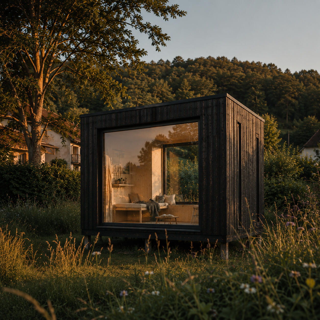 Modernes Gartenzimmer aus dunkel lasiertem Lärchenholz mit großer Fensterfront, freistehend auf Schraubfundamenten in einem Garten am Rand eines Buchenwalds